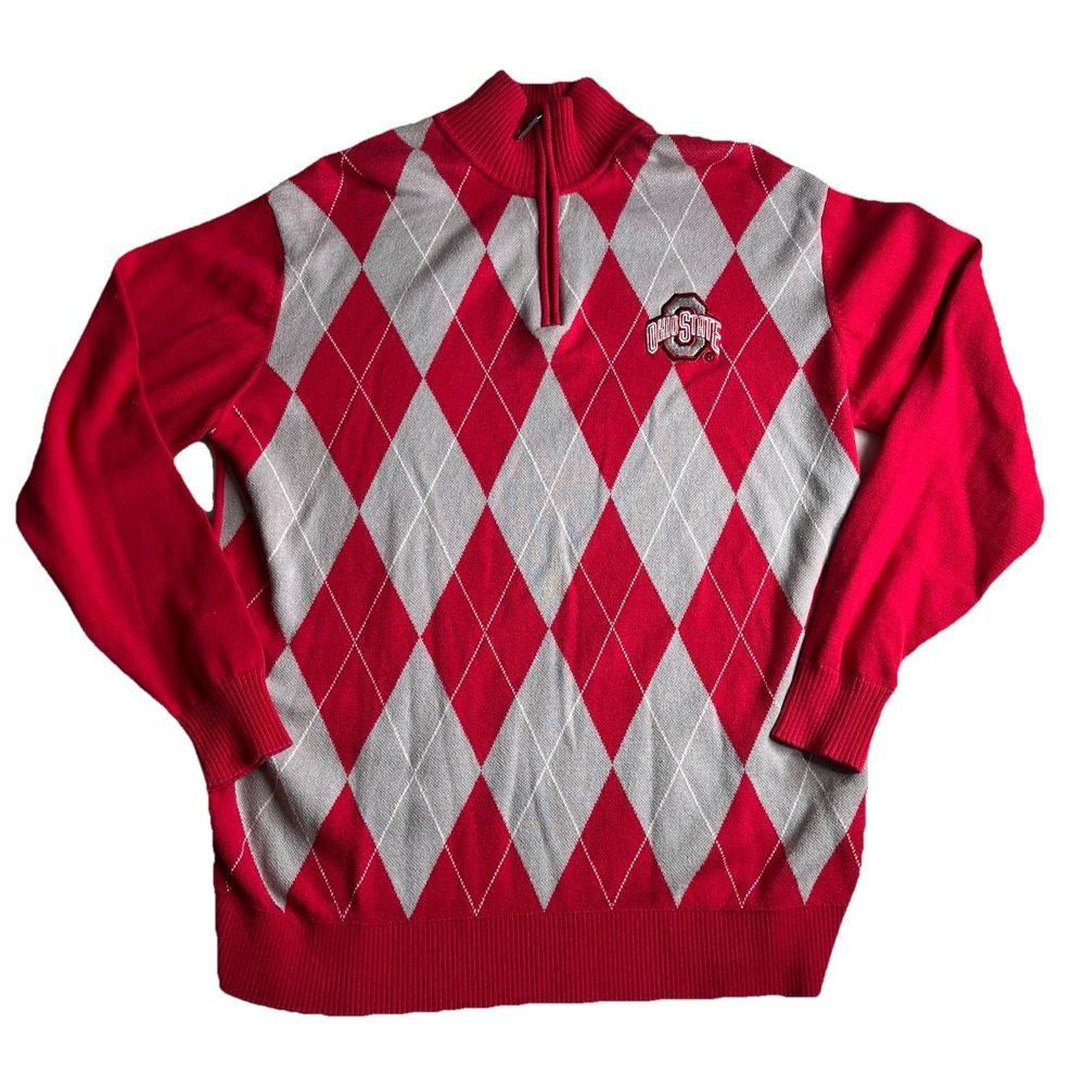 Donegal Bay Ohio State‎ Argyle 1/4 Zip 100% Cotton Sweater L Red Gray College